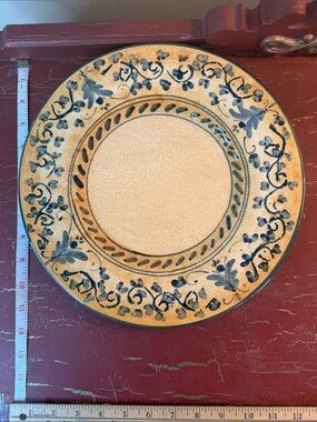 Vietri Hand-Painted Yellow Plate with Blue Floral Border and Leaf Motif